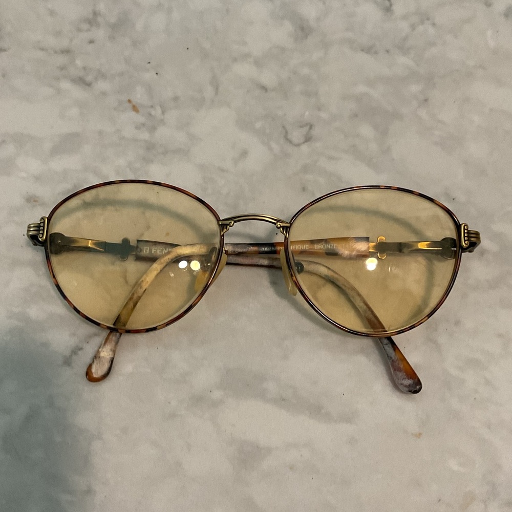 Fendi Vintage Logo Aviator Yellow Round Sun Glasses Eyeglasses Tortoise Frame